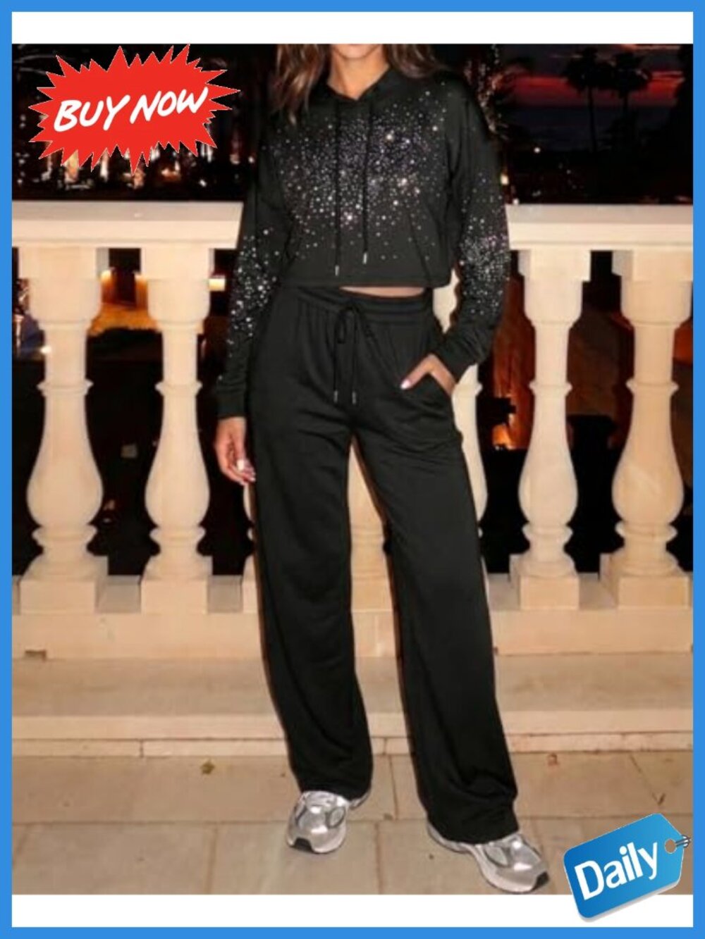 Rhinestone Hoodie Sweatpants Set 2 Piece Cropped Wide Leg Drawstring Womens - Picture 5 of 6